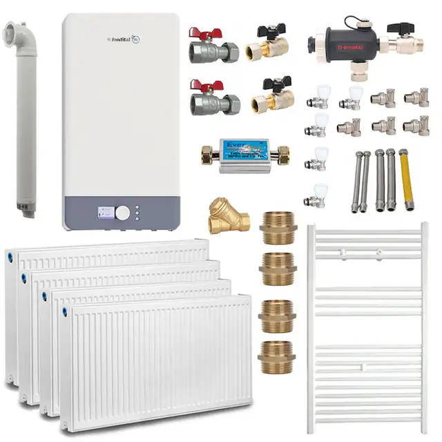 Pachet centrală termică pe gaz Fondital Antea Next KC 26 kW, 3 calorifere, termostat inteligent, kit evacuare, montaj complet