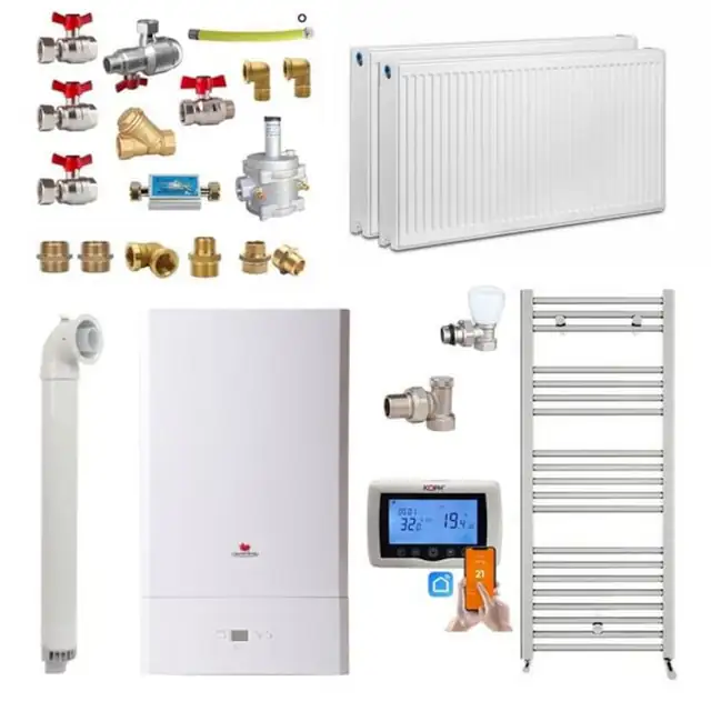 Centrala termica pe gaz in condensare Saunier Duval Semiatek Condens 22.4 kW, set complet cu calorifere si termostat inteligent