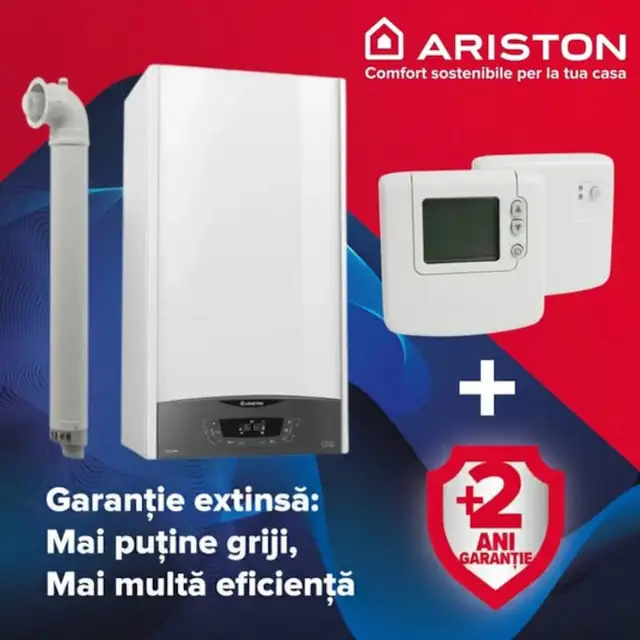 Pachet centrala Ariston Clas One Wifi 30 kW, incalzire si ACM, Kit evacuare inclus + Termostat ambient fara fir Honeywell DT92A + 2 ani extragarantie