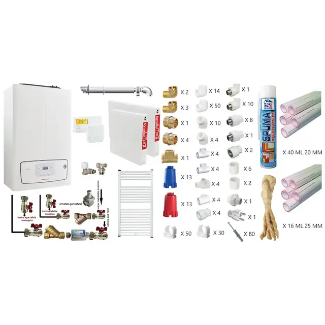 Pachet apartament cu o camera, centrala termica murala in condensare Immergas Victrix TERA 24/28 V2, Gaz, 24 kW, termostat, kit de evacuare inclus, calorifere otel, teava PPR si fitinguri, kit armaturi