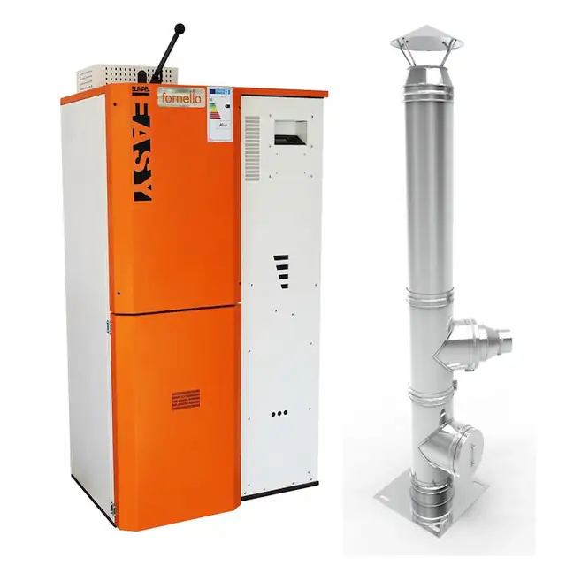 Pachet Centrala pe peleti Fornello Simpell Easy 40 kw, arzator din inox, pompa de circulatie, tiraj fortat, buncar 88 kg, Ecodesign A+, Cos inox 6 ml 120 mm