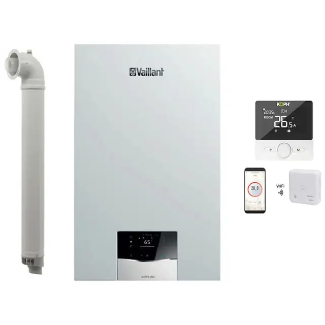 Pachet Centrala termica pe gaz in condensare Vaillant ecoTEC plus VU 35CS / 1-5, 34.8 kW, doar incalzire, Kit de evacuare inclus si Termostat inteligent KOPH WT-25 pentru centrale termice, WIFI, control prin aplicatie