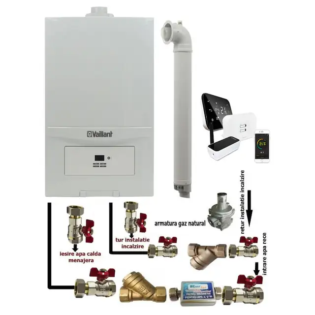 Pachet Centrala termica in condensatie Vaillant ecoTEC Pure VUW 236/7-2, 23 kw, murala, afisaj digital, schimbator caldura inox, kit de evacuare, termostat Salus IT 500 si fitinguri montaj
