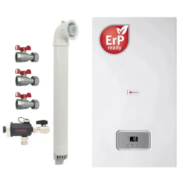 Pachet centrala termica pe gaz in condensare Saunier Duval Semia 25-A, 19, 1 kW, Kit evacuare inclus, Robineti si Filtru antimagnetita
