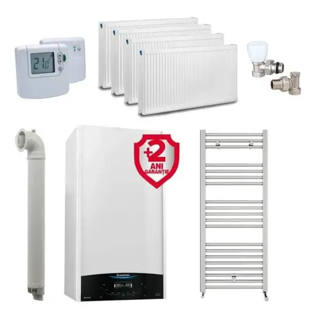 Pachet apartament cu 3 camere, centrala Ariston Genus One+ 24 kW, Clasa A, Schimbator de caldura XtraTech, Ecran LCD tactil, Autodiagnoza, Kit de evacuare inclus + Termostat ambient fara fir Honeywell DT92A + 2 ani extragarantie, Calorifere, Set robineti