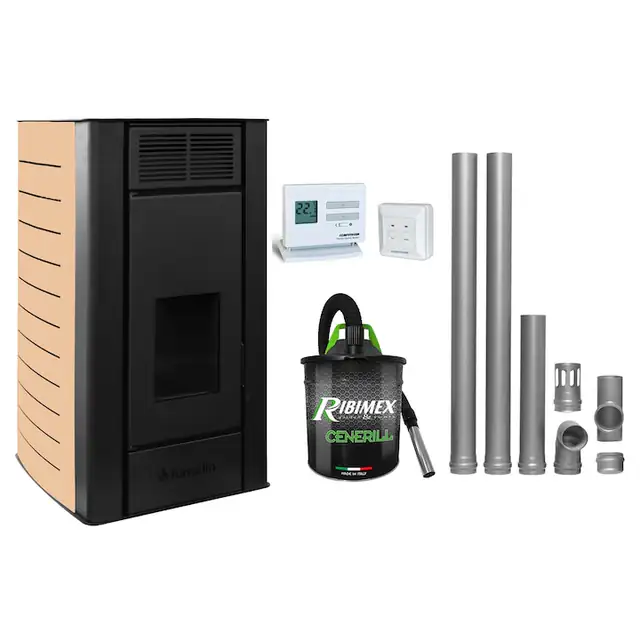 Pachet Termosemineu centrala pe peleti Fornello SERENA W25, 25kw, culoare Ivory, complet echipat cu kit evacuare 2.5 ml, Termostat Radio Comanda Computherm Q3 RF, Aspirator Cenusa, suprafata incalzita pana la 150 mp 22 Podea Ivory