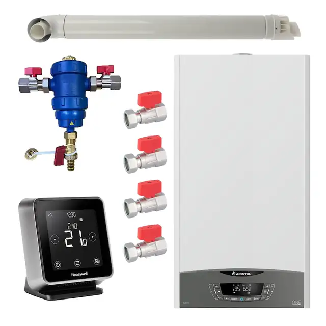 Pachet centrala termica Ariston CLAS ONE System 35 kW, doar incalzire, doar incalzire, termostat Wi-Fi Honeywell Lyric T6R filtru antimagnetita RTM 3/4", set robineti Fornara si kit de evacuare RTM incluse