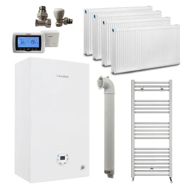 Pachet apartament cu 3 camere, centrala termica pe gaz in condensare Fondital Tenerife KC 24 kW, Calorifere, Termostat Inteligent, Set robineti calorifere, Kit evacuare inclus