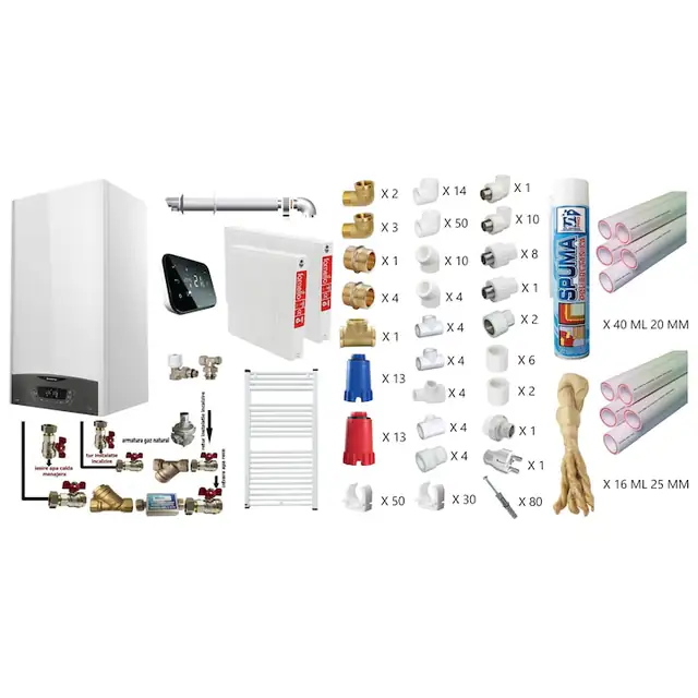 Pachet apartament cu o camera, centrala termica murala in condensare Ariston CLAS ONE+ WI-FI 24, Gaz, 24 kW, termostat Salus IT 500, kit de evacuare inclus, calorifere otel, kit armaturi teava PPR si trusa de sudat PPR CADOU