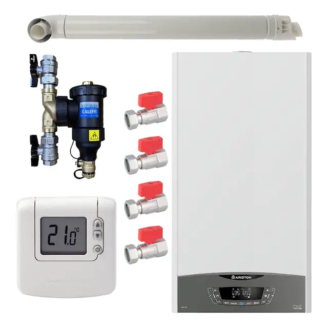 Pachet centrala termica Ariston CLAS ONE System 35 kW, doar incalzire, doar incalzire, termostat Honeywell Wireless DT92, cu filtru antimagnetita CALEFFI Dirtmag, set robineti Fornara si kit de evacuare RTM incluse