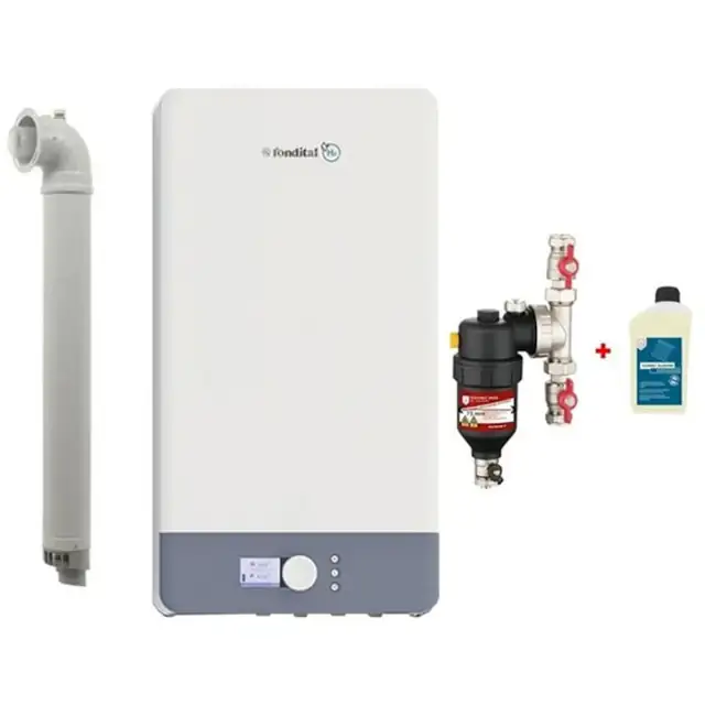 Pachet Centrala termica pe gaz in condensare Fondital Antea Next KC 26 kW, Clasa A, Afisaj color si intuitiv, IPX5D, Incalzire + ACM, Kit de evacuare inclus si Filtru magnetic Cleanex Mag 1" - 3/4" 22 mm, anti-magnetita + Solutie Cleanex Allround
