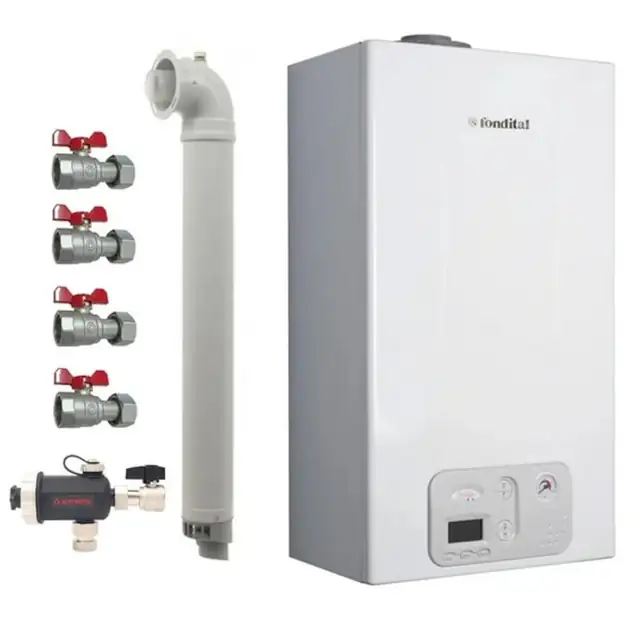 Pachet centrala termica pe gaz/GPL in condensare Fondital Antea KC 24 kW, incalzire si ACM, Clasa A, Kit de evacuare inclus, Robineti si Filtru antimagnetita