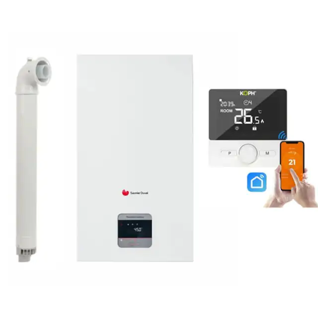 Pachet Centrala termica pe gaz/GPL in condensare Saunier Duval ThemaFast Condens 31 kW, debit 14.8 l/min, protectie IPX4D, kit evacuare inclus si Termostat inteligent KOPH WT-25, WIFI, control prin aplicatie