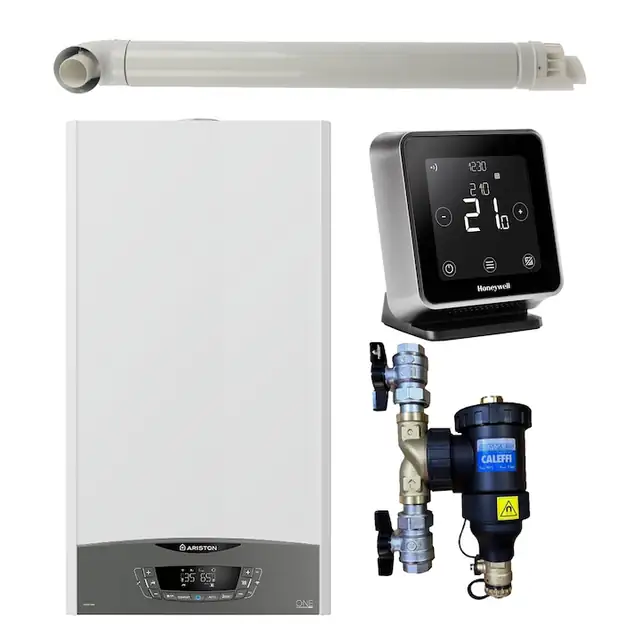Pachet centrala termica pe gaz in condensare, Ariston Clas One 30 kW, Wi-Fi, murala, termonstat Honeywell Lyric T6R, filtru antimagnetita Caleffi Dirtmag 3/4" si kit evacuare RTM incluse