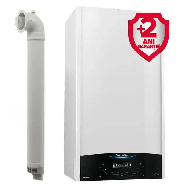 Pachet centrala termica pe gaz/GPL in condensare Ariston Genus One+ 30 kW, Clasa A, Schimbator de caldura XtraTech, Ecran LCD tactil, Meniu in limba romana, Autodiagnoza, Kit de evacuare inclus + Extragantie 2 ani