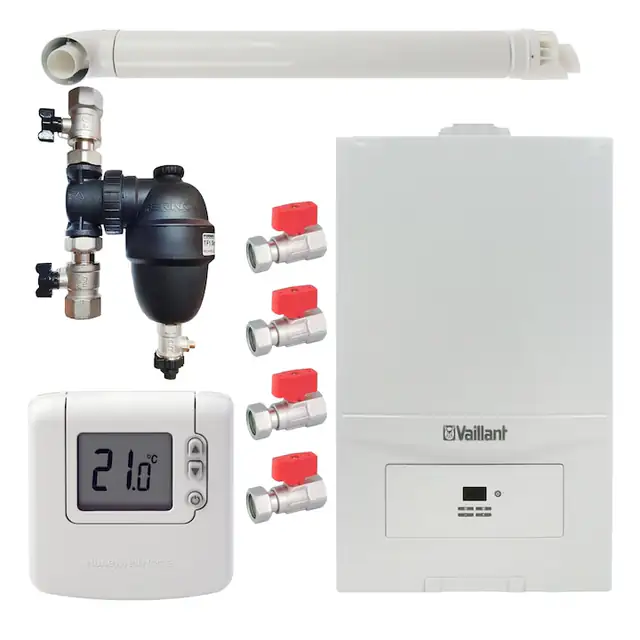 Pachet centrala termica Vaillant VUW 236/7-2 ecoTEC Pure 23 kW, gaz natural + GPL, murala, termostat Honeywell wireless DT92, filtru antimagnetita Fernox F1 Sigma, set robineti Fornara si kit evacuare RTM incluse