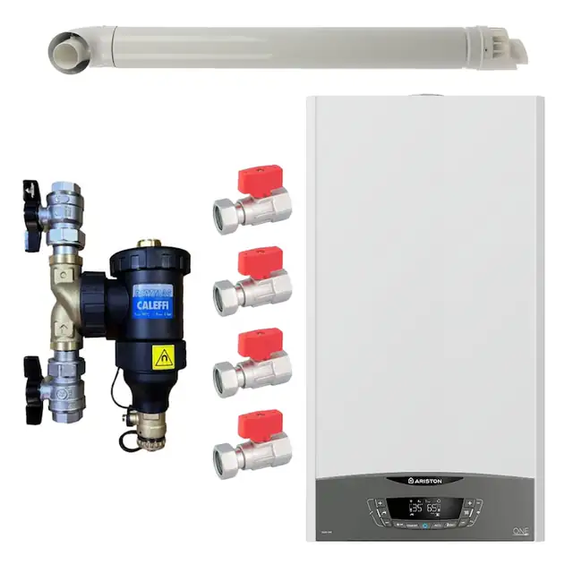 Pachet centrala termica murala Ariston CLAS ONE System 35 kW, in condensare, doar incalzire, gaz natural + GPL, filtru antimagnetita CALEFFI Dirtmag, set robineti Fornara si kit de evacuare RTM incluse