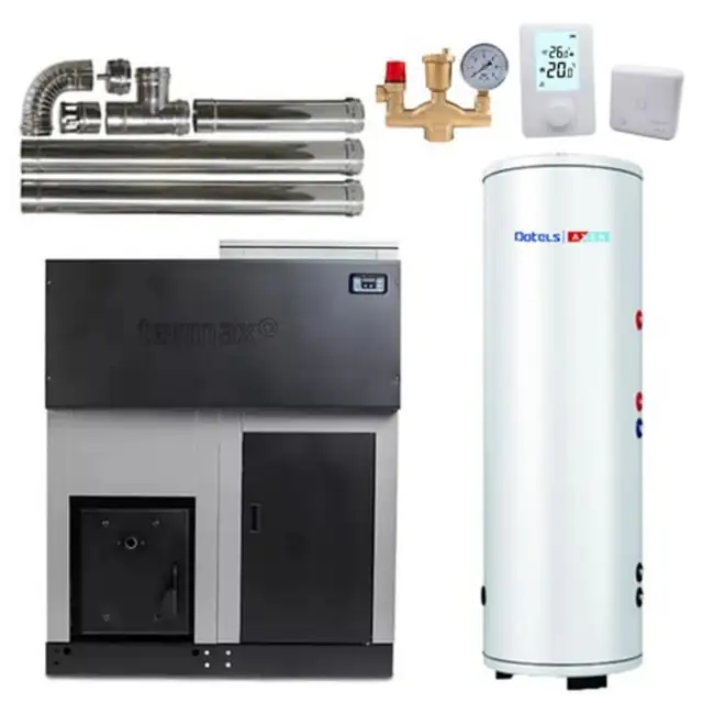 Pachet centrala cu peleti Termax ECO GRI 35 kW, 220 mp, buncar peleti 130 kg, volum apa 95 litri, diametru cos fum ⌀80 mm, Boiler stativ cu serpentina marita 2 in 1 ACM & Buffer, Grup siguranta, Termostat 303RF KOPH si Kit cos fum interior