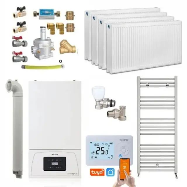 Centrala termică pe gaz în condensare Motan Condens KPlus C38GC20V1, 20 kW, set complet cu calorifere, termostat wireless, kit evacuare, 750x400x305mm