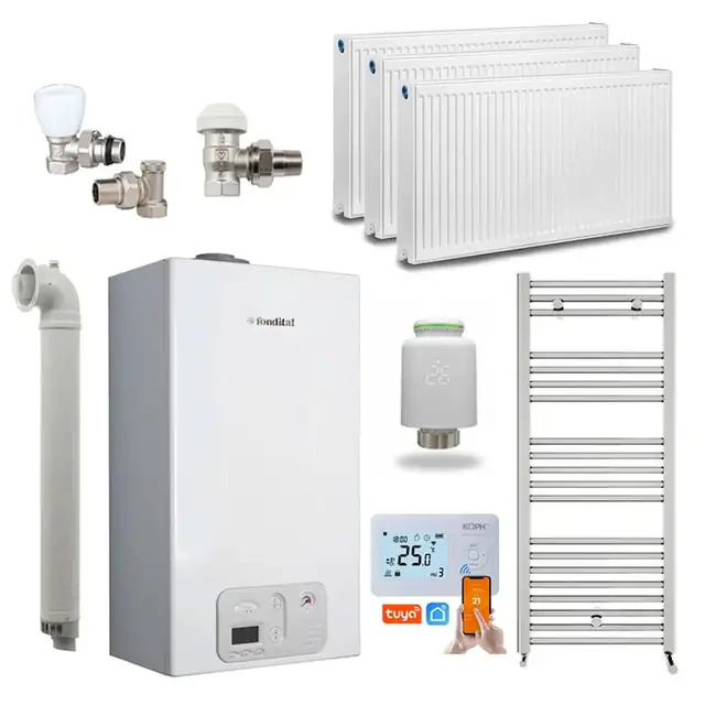 Pachet Economie si Eficienta - Centrala termica pe gaz/GPL in condensare Fondital Antea KC 24 kW, incalzire si ACM, Clasa A, Kit de evacuare inclus, calorifere, robineti tur/retur, cap termostatic Wi-Fi si termostat inteligent KOPH I302