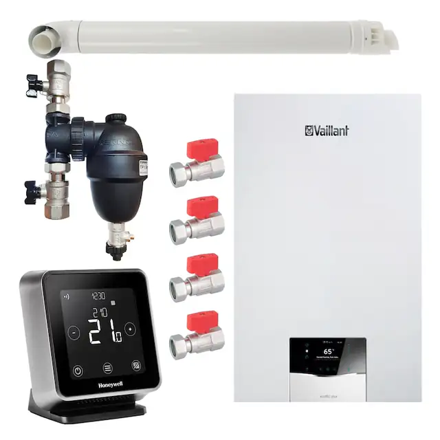 Pachet centrala termica Vaillant VUW 40CS/1-5 ecoTEC Plus 37.7 kW, termostat Wi-Fi Honeywell Lyric T6R, filtru antimagnetita Fernox F1 Sigma, set robineti Fornara si kit evacuare RTM incluse