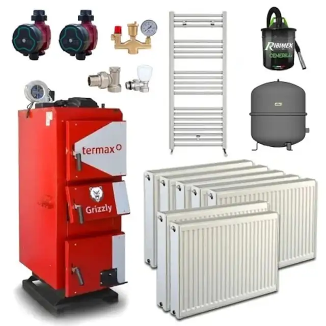 Pachet centrala/Cazan pe lemn/carbune Termax Grizzly 27 kW cu ventilator si automatizare, 180 m², Ø cos fum 180 mm, volum manta apa 105 litri, grosime focar 6 mm, randament 86%, Calorifere, Pompe de recirculare, Grup de siguranta