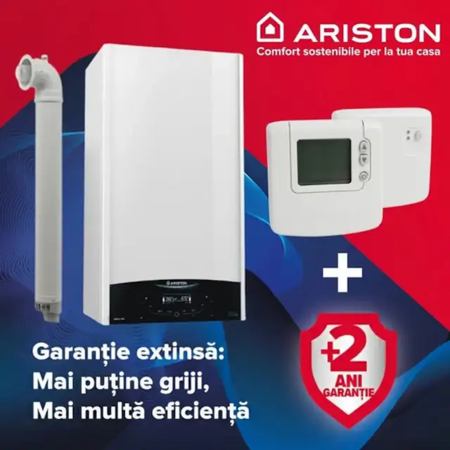 Pachet centrala Ariston Genus One+ 30 kW, Clasa A, Schimbator de caldura XtraTech, Ecran LCD tactil, Autodiagnoza, Kit de evacuare inclus + Termostat ambient fara fir Honeywell DT92A + 2 ani extragarantie
