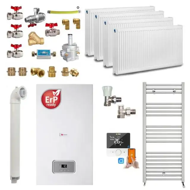 Pachet centrala pe gaz pentru apartament cu 3 camere, Saunier Duval Semia 25-A, 19, 1 kW, Calorifere, Termostat inteligent, Set robineti tur/retur, Kit evacuare inclus si Kit complet armaturi montaj