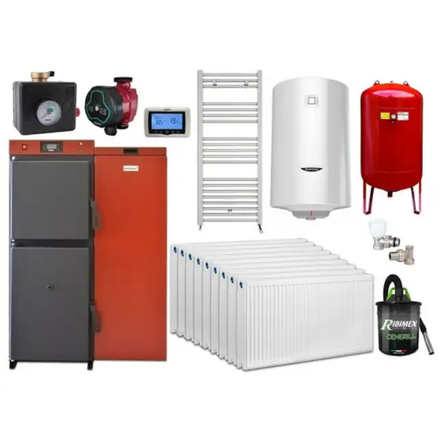 Pachet centrala mixta lemn/pelet Termax Tera 40 kW, 265 mp, buncar peleti 120 kg, volum manta apa 100 litri, diametru cos Ø120 mm, Termostat ambiental KOPH CT99, Calorifere, Robineti, Pompa recirculare, Boiler termoelectric 100 litri, Grup siguranta