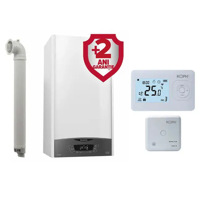 Pachet centrala termica pe gaz/GPL in condensare Ariston Clas One WIFI 24 kW, incalzire si ACM, Kit evacuare inclus + Extragarantie 2 ani si Termostat inteligent KOPH i302, WIFI, Control prin internet, Tuya Smart/Smart Life