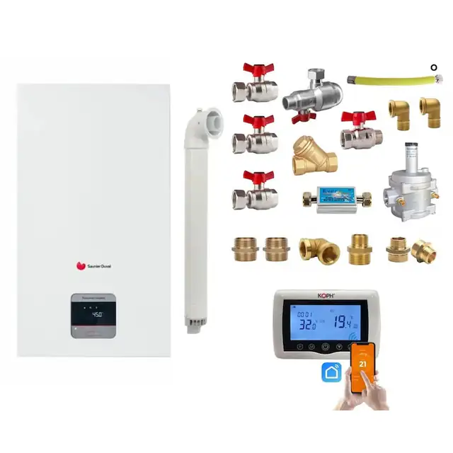 Pachet centrala termica pe gaz/GPL in condensare Saunier Duval ThemaFast Condens 31 kW, debit 14.8 l/min, protectie IPX4D, Kit evacuare, Kit armaturi, Termostat inteligent KOPH CT99