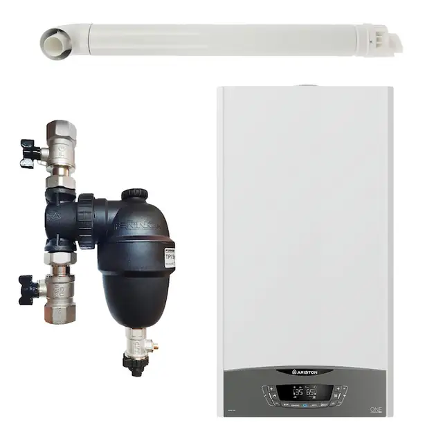 Pachet centrala termica pe gaz in condensare, Ariston Clas One 30 kW, Wi-Fi, murala, filtru antimagnetita Fernox F1 Sigma si kit evacuare RTM incluse