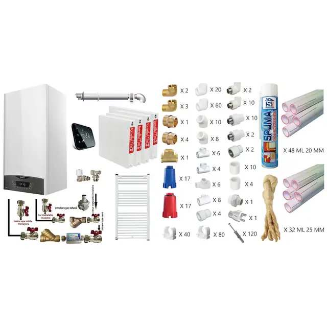Pachet apartament cu 3 camere, centrala termica murala in condensare Ariston CLAS ONE+ WI-FI 24, Gaz, Termostat Salus IT 500, 24 kW, kit de evacuare inclus, calorifere otel, teava PPR si fitinguri, kit armaturi